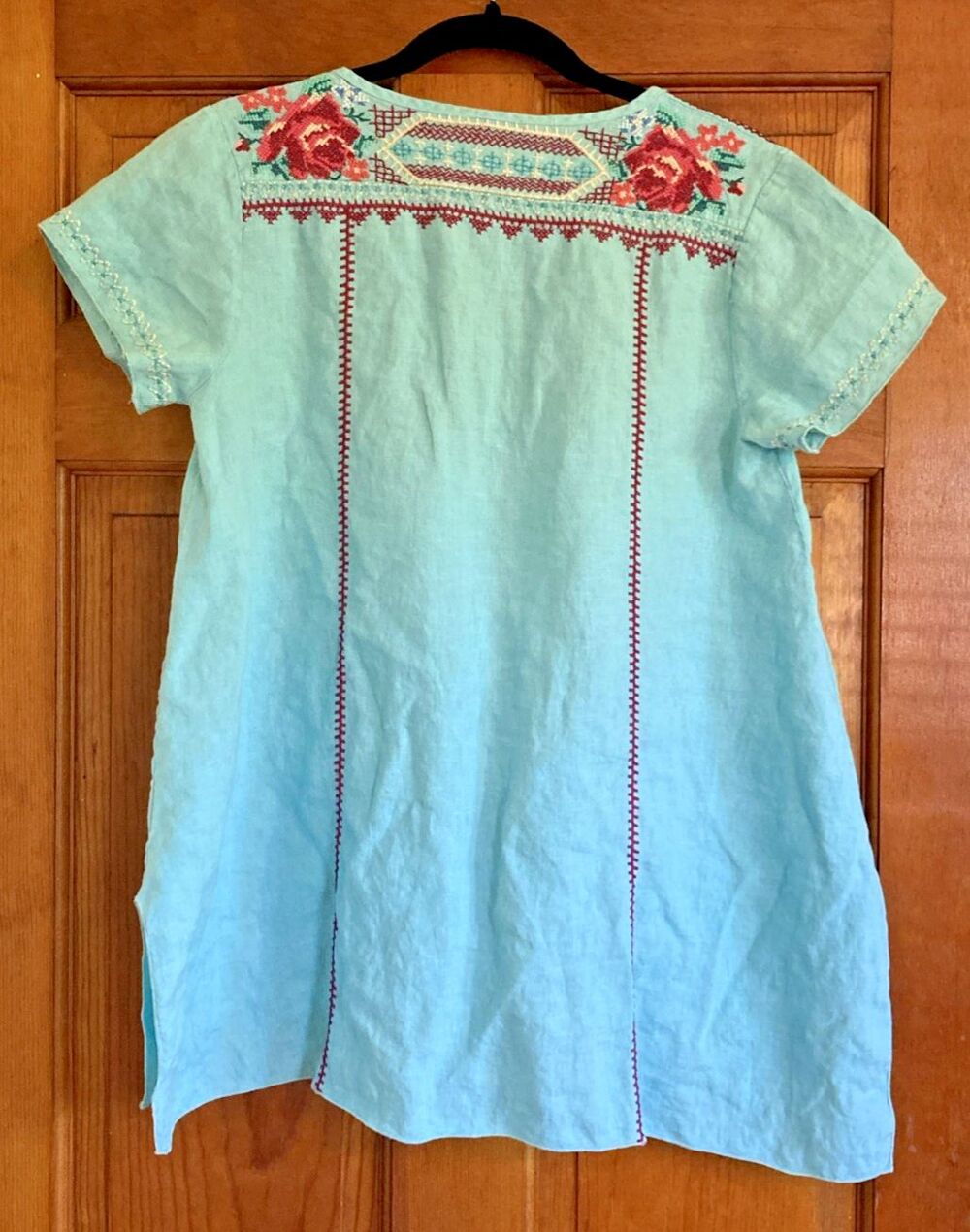 Johnny Was JWLA Womens S Blue V-Neck Embroidered Short Sleeve Tunic Rose Linen - Picture 2 of 11
